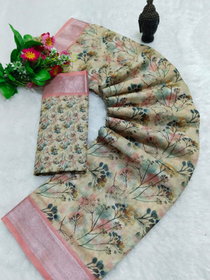 PRTRENDZ Printed Kanjivaram Linen, Cotton Linen Saree(Multicolor)