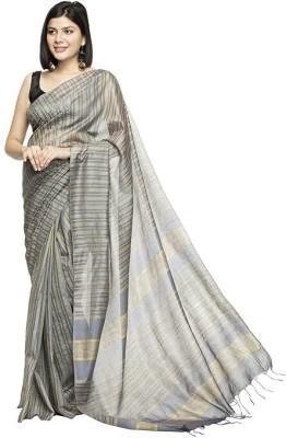 Aamir Fashion Textile Striped Bollywood Handloom Silk Blend Saree(Grey)