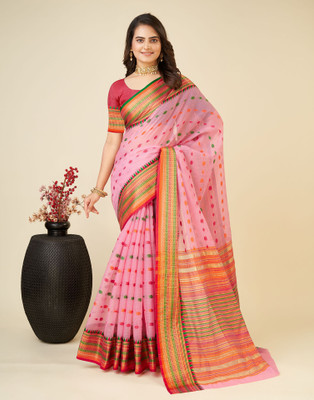 Samah Woven, Embellished, Striped Kota Doria Silk Blend Saree(Pink, Multicolor)
