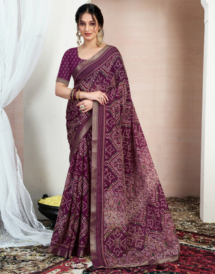Samah Printed, Embellished Bandhani Chiffon, Georgette Saree(Purple)