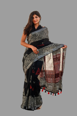 Pallo Latke Printed Daily Wear Cotton Linen Saree(Black)