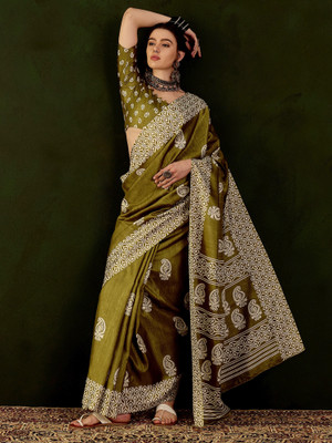 Sareemall Printed Bollywood Cotton Blend Saree(Light Green)