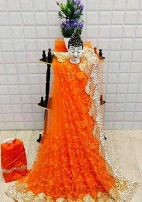 FINERFLY Embroidered Banarasi Net Saree(Orange)