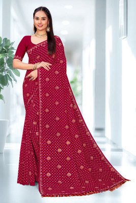 sarees Self Design, Embellished Bollywood Georgette, Silk Blend Saree(Maroon)