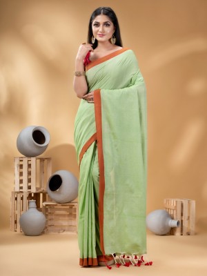 Desh Bidesh Woven, Solid/Plain, Self Design Handloom Cotton Blend, Pure Cotton Saree(Green)