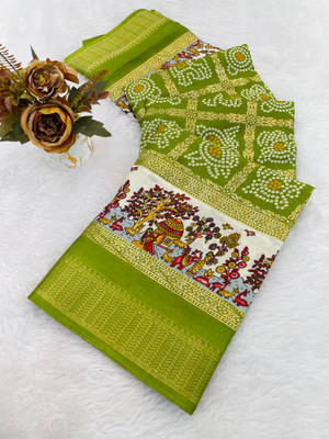KV Fashion Printed Bandhani Silk Blend Saree(Multicolor)