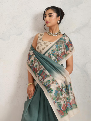 Rachna Floral Print Daily Wear Cotton Blend Saree(Green)