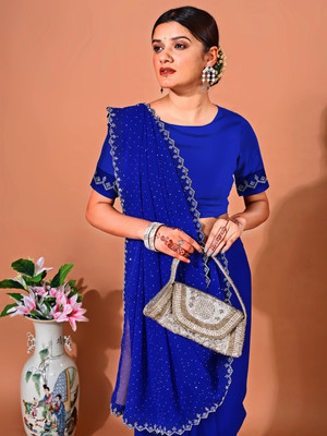 Leelavati Embellished Bollywood Chiffon Saree(Blue)