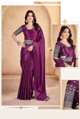 CELEUM Embroidered Bollywood Satin Saree(Purple)