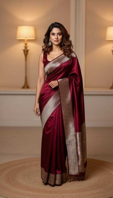 Afronza Woven Bollywood Satin, Silk Blend Saree(Maroon, Silver)