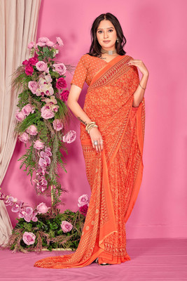 Divastri Embroidered, Printed Bollywood Chiffon Saree(Orange)