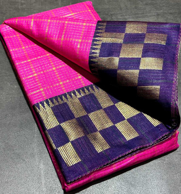 JbWorld Checkered, Woven, Self Design, Embellished Chettinadu Jacquard, Cotton Silk Saree(Pink, Blue)