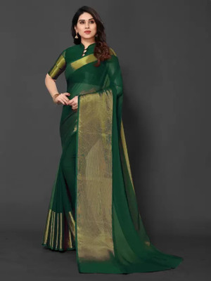 Vragi Embellished, Solid/Plain Bollywood Chiffon Saree(Dark Green)