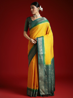 Tasrika Woven Leheria Crepe Saree(Yellow, Green)