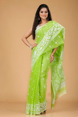 Revival Printed Jamdani Cotton Blend Saree(Light Green)