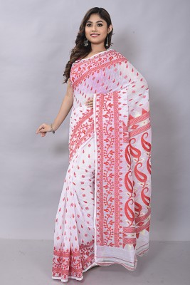 Tant Story Woven Jamdani Cotton Silk Saree(White, Red)