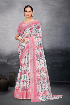 HouseOfCommon Floral Print Bollywood Cotton Linen Saree(Pink)
