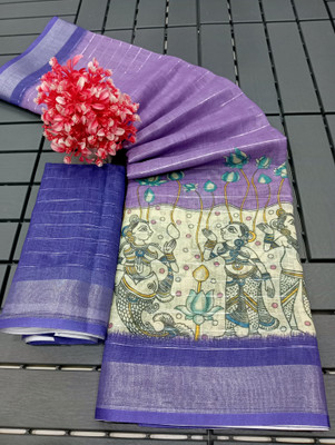 PRTRENDZ Printed Kanjivaram Pure Cotton, Cotton Linen Saree(Light Blue)
