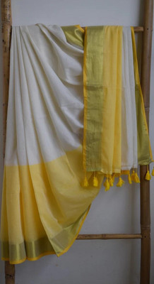 Goswami Fashion Color Block, Woven Handloom Pure Cotton Saree(Yellow, White)