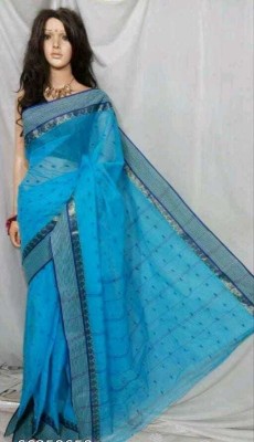 Sthaker Embroidered Handloom Cotton Blend Saree(Light Blue)