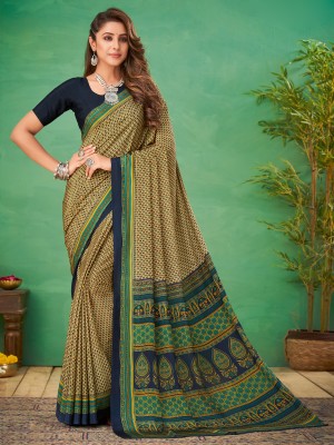 Divastri Printed Kalamkari Crepe Saree(Beige)