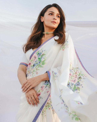 VILLAGIUS Floral Print Bollywood Georgette Saree(White)