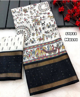 Sitanjali Printed Bollywood Cotton Blend Saree(Black)