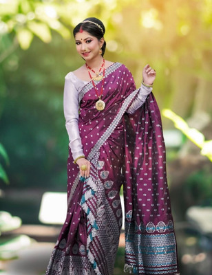 Pridivu Woven Mekhela Chador Art Silk, Polyester Saree(Purple)