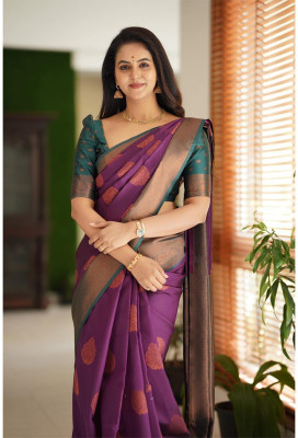 ZILVIRA Woven Kanjivaram Jacquard, Art Silk Saree(Purple)