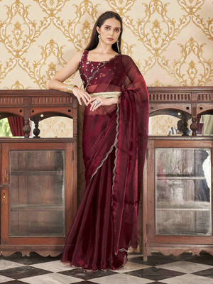Infyshopy Fashions Self Design, Embroidered, Solid/Plain, Dyed Bollywood Georgette Saree(Brown)
