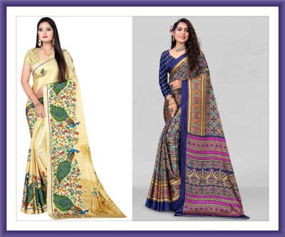 Leelavati Printed Bollywood Crepe Saree(Pack of 2, Gold, Blue)