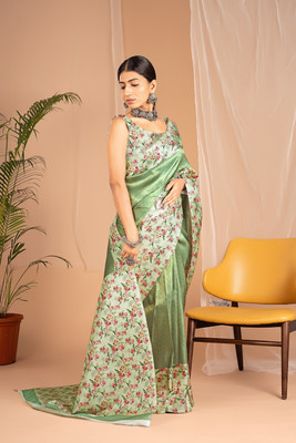 WISHLIST Digital Print Banarasi Silk Blend Saree(Green)