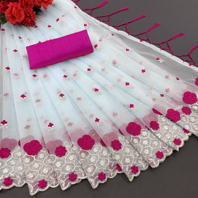SROLY Embroidered Bollywood Supernet Saree(Light Blue)