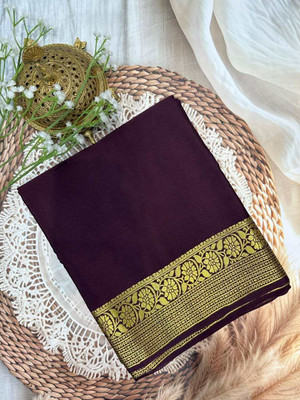 YAANAA FASHION Solid/Plain, Woven, Floral Print Mysore Handloom Muslin Saree(Blue)