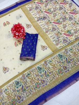 PRTRENDZ Woven Kanjivaram Linen, Cotton Linen Saree(Blue)