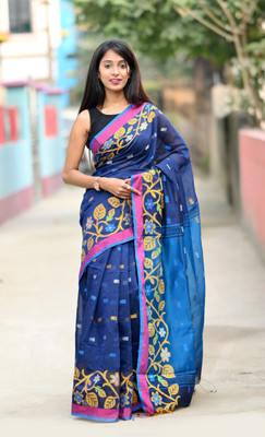 CommonHouseee Printed Handloom Pure Cotton Saree(Dark Blue)