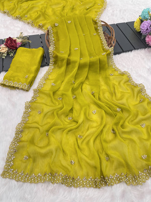 V AMAN FASHION Solid/Plain, Self Design Bollywood Georgette Saree(Yellow)