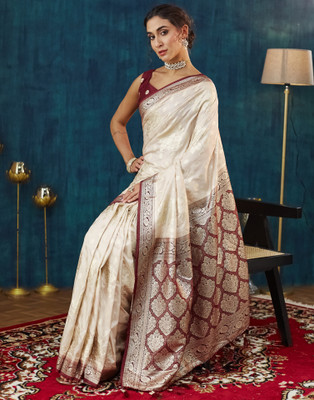 Samah Woven, Embellished Banarasi Silk Blend Saree(Maroon, Beige)