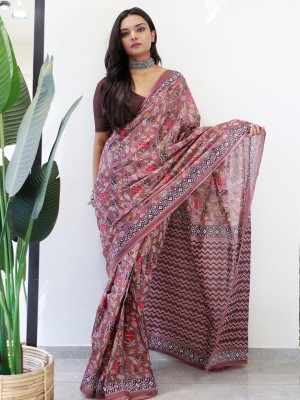 ANOUK Printed Banarasi Pure Cotton Saree(Brown)