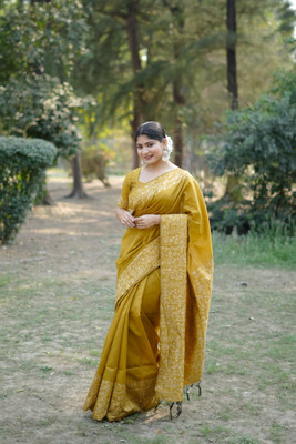 Tasrika Woven Kalamkari Raw Silk Saree(Mustard)