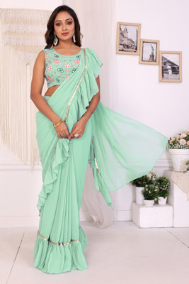 PATLANI STYLE Solid/Plain Pre Draped Saree Georgette Saree(Light Green)