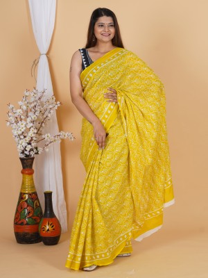 latest cotton mulmul saree Printed, Blocked Printed, Hand Painted Ikkat Pure Cotton Saree(Yellow)