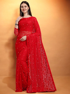 NORAFLEXx Striped Bollywood Brasso Saree(Red)