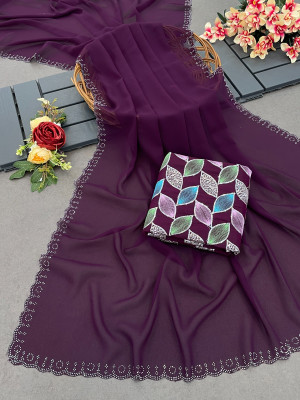 nevyur Embroidered, Embellished, Solid/Plain Bollywood Georgette Saree(Purple)