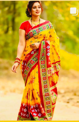 Sumit Textiles Digital Print Sambalpuri Cotton Blend Saree(Yellow, Red)