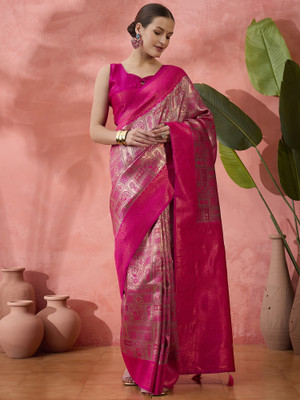Sangria Woven Saree with Attached Blouse Silk Blend Saree(Pink)