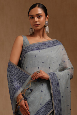 soch Woven Saree with Attached Blouse Chanderi Saree(Blue)