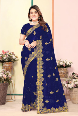Radheradhey Embroidered Bollywood Georgette Saree(Dark Blue)