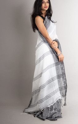 SAYAN CREATION Self Design Handloom Pure Cotton Saree(White)