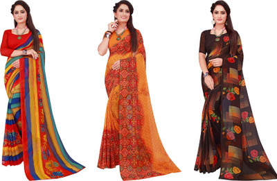 Suali Printed Daily Wear Georgette Saree(Pack of 3, Brown, Orange, Yellow)